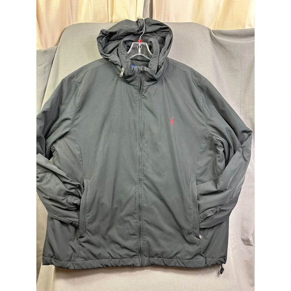 Polo Ralph Lauren Men's XXL Black Quilted Lined Windbreaker Jacket Stowaway Hood